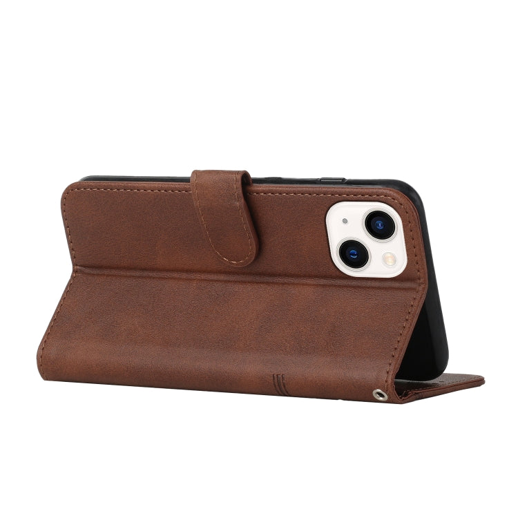For iPhone 14 Stitching Calf Texture Buckle Leather Phone Case