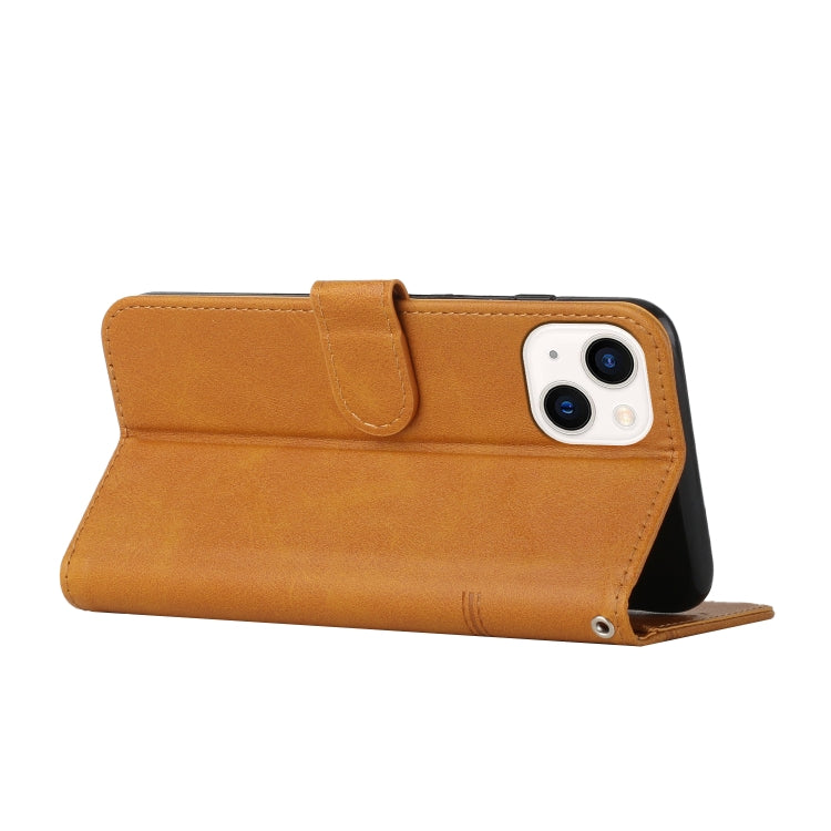 For iPhone 14 Plus Stitching Calf Texture Buckle Leather Phone Case