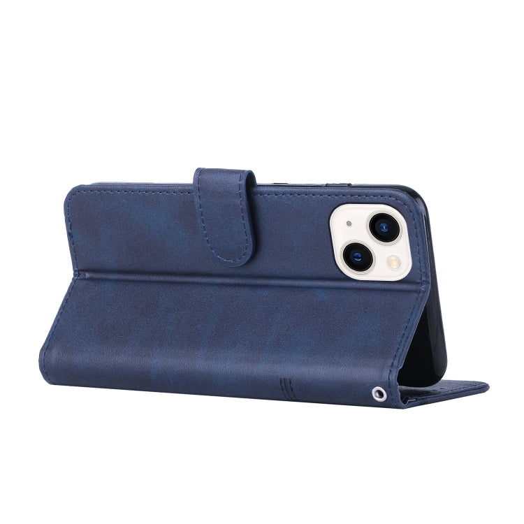 For iPhone 14 Plus Stitching Calf Texture Buckle Leather Phone Case