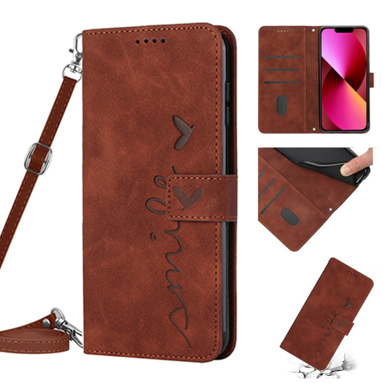For iPhone 14 Plus Skin Feel Heart Pattern Leather Phone Case With Lanyard