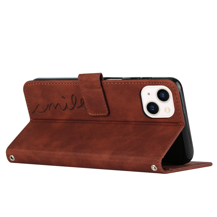 For iPhone 14 Plus Skin Feel Heart Pattern Leather Phone Case With Lanyard