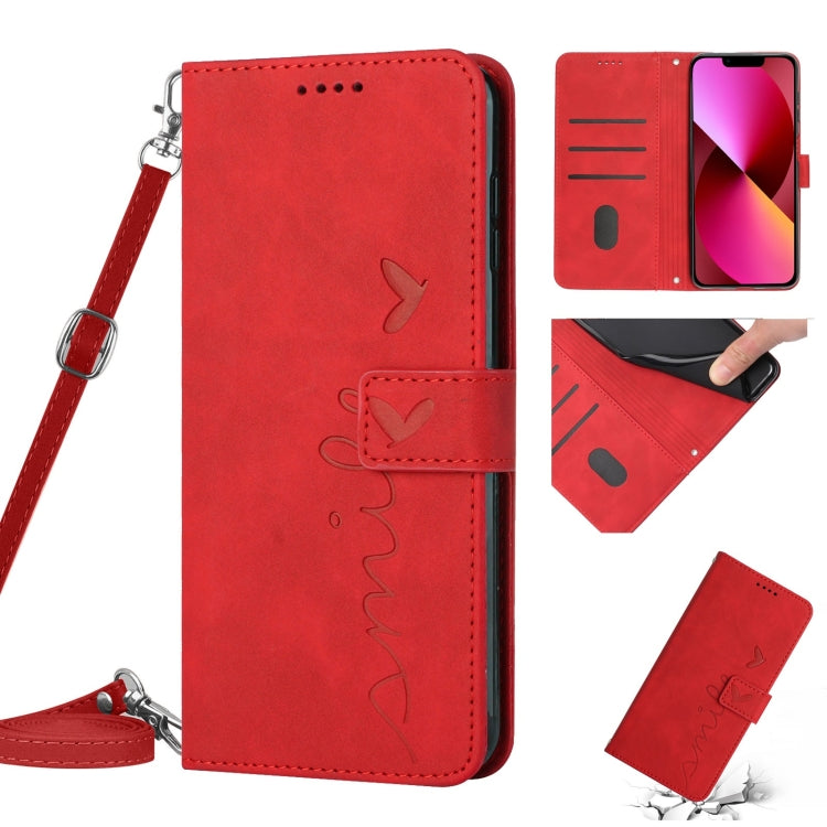 For iPhone 14 Plus Skin Feel Heart Pattern Leather Phone Case With Lanyard
