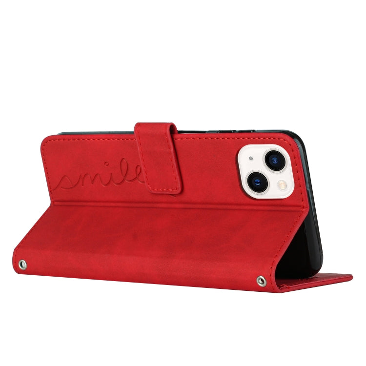 For iPhone 14 Plus Skin Feel Heart Pattern Leather Phone Case With Lanyard