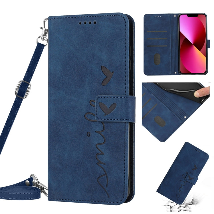 For iPhone 14 Plus Skin Feel Heart Pattern Leather Phone Case With Lanyard