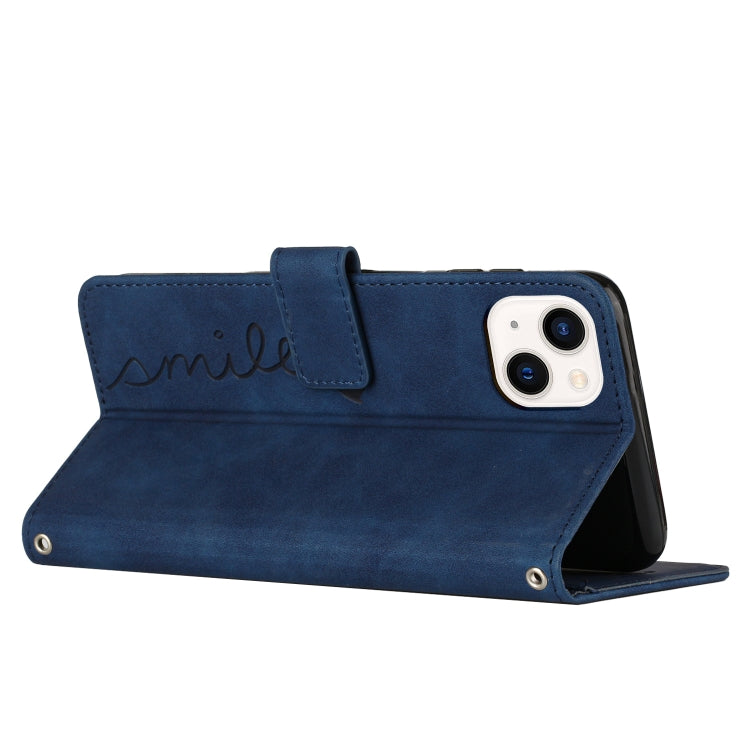 For iPhone 14 Plus Skin Feel Heart Pattern Leather Phone Case With Lanyard