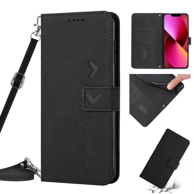 For iPhone 14 Plus Skin Feel Heart Pattern Leather Phone Case With Lanyard