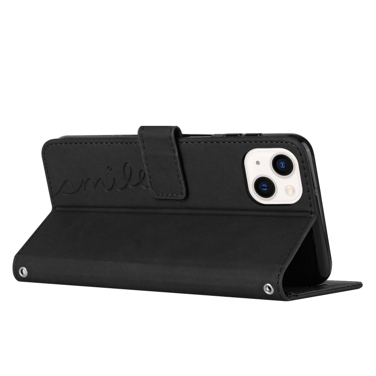 For iPhone 14 Plus Skin Feel Heart Pattern Leather Phone Case With Lanyard