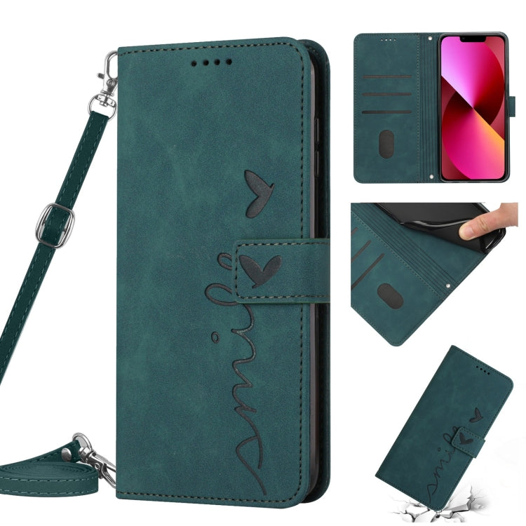 For iPhone 14 Plus Skin Feel Heart Pattern Leather Phone Case With Lanyard