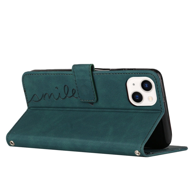 For iPhone 14 Plus Skin Feel Heart Pattern Leather Phone Case With Lanyard