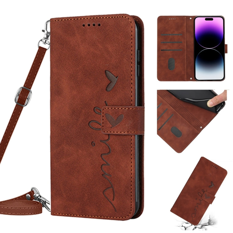 For iPhone 14 Pro Max Skin Feel Heart Pattern Leather Phone Case With Lanyard
