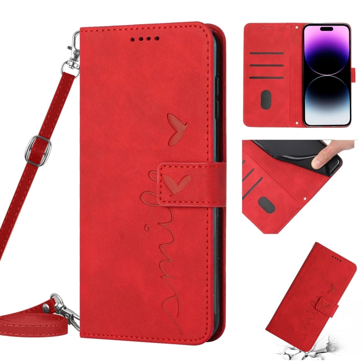 For iPhone 14 Pro Max Skin Feel Heart Pattern Leather Phone Case With Lanyard