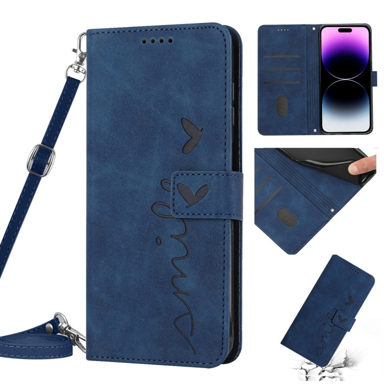For iPhone 14 Pro Max Skin Feel Heart Pattern Leather Phone Case With Lanyard