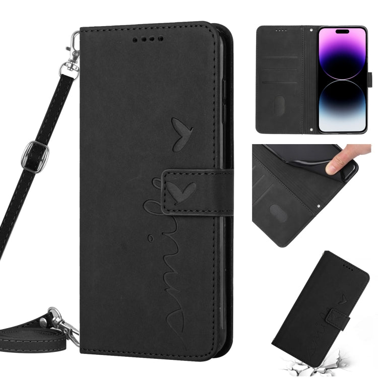 For iPhone 14 Pro Max Skin Feel Heart Pattern Leather Phone Case With Lanyard