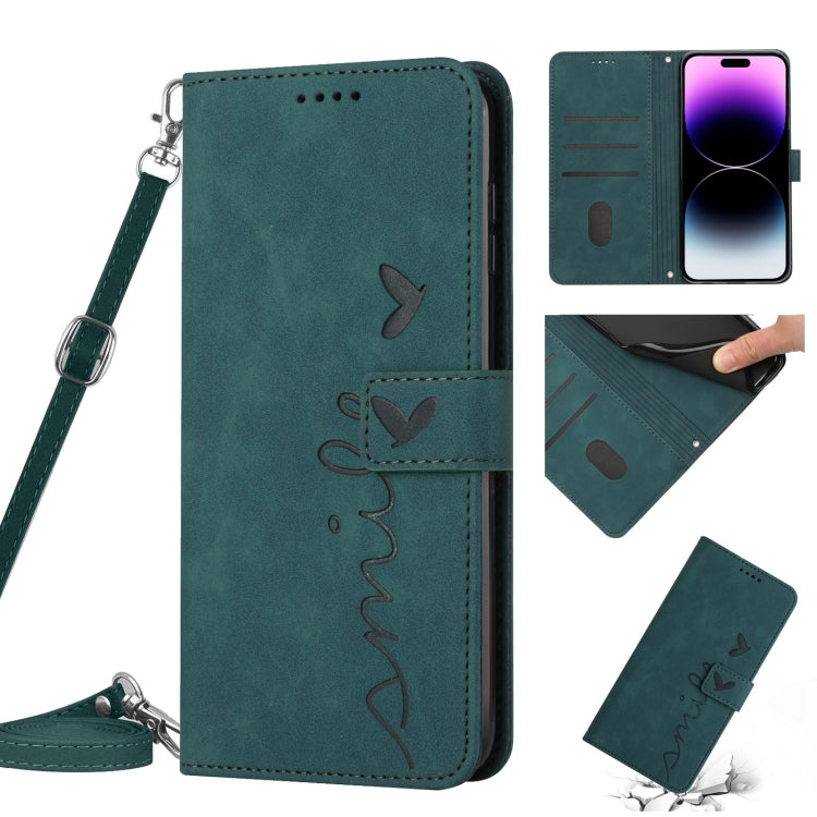 For iPhone 14 Pro Max Skin Feel Heart Pattern Leather Phone Case With Lanyard