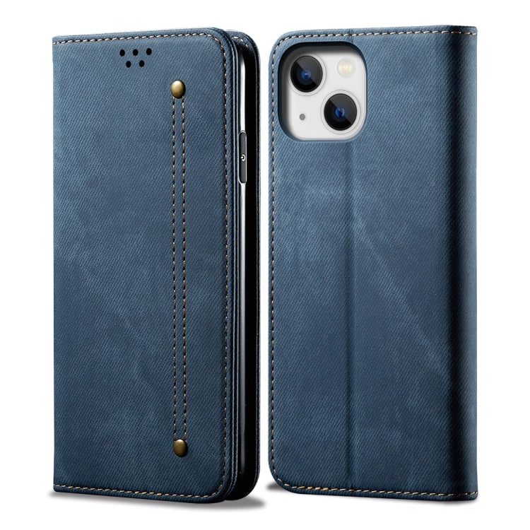 For iPhone 14 Denim Texture Casual Style Leather Phone Case