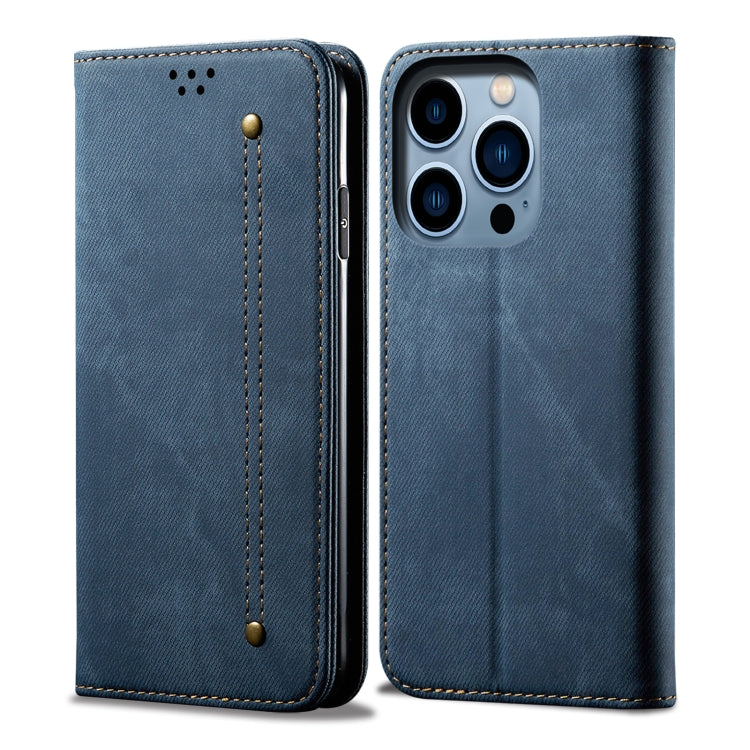 For iPhone 14 Pro Denim Texture Casual Style Leather Phone Case