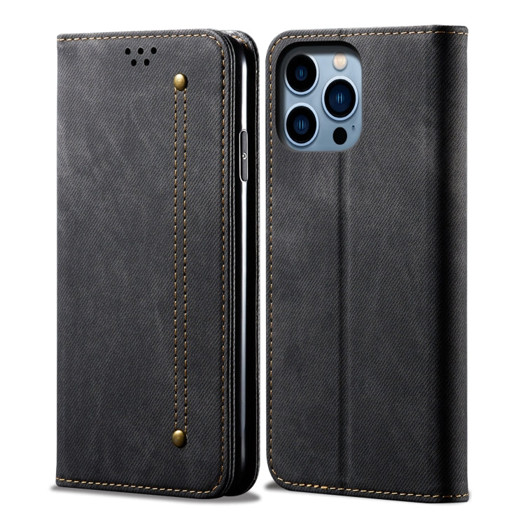 For iPhone 14 Pro Max Denim Texture Casual Style Leather Phone Case