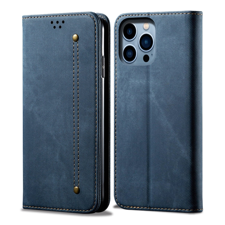 For iPhone 14 Pro Max Denim Texture Casual Style Leather Phone Case