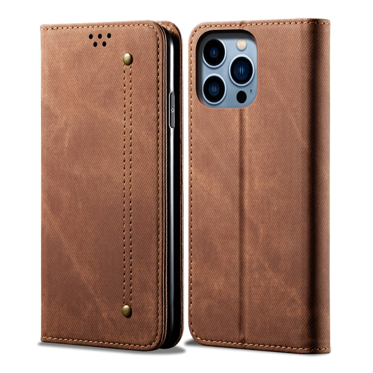 For iPhone 14 Pro Max Denim Texture Casual Style Leather Phone Case