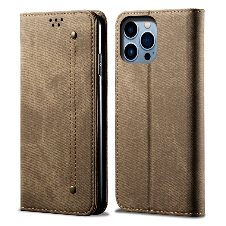 For iPhone 14 Pro Max Denim Texture Casual Style Leather Phone Case