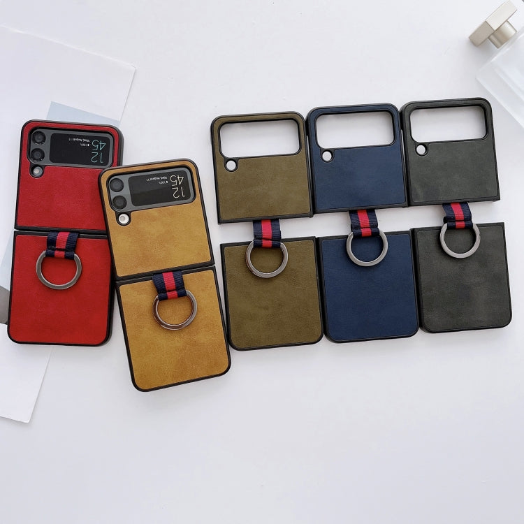 For Samsung Galaxy Z Flip4 Two-color Cowhide Texture Protective Phone Case with Ring Buckle