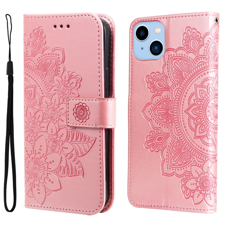 For iPhone 14 Plus 7-petal Flowers Embossing Leather Case