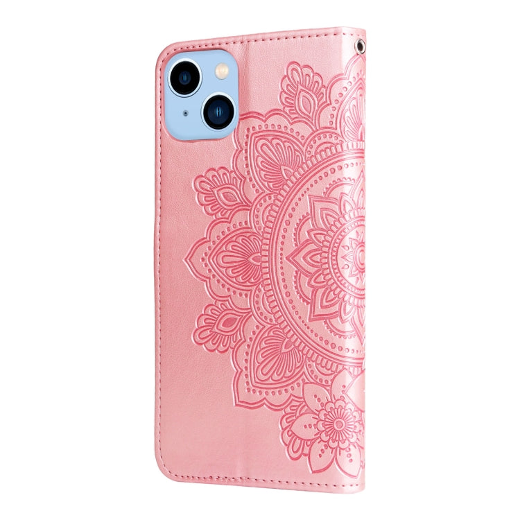 For iPhone 14 Plus 7-petal Flowers Embossing Leather Case