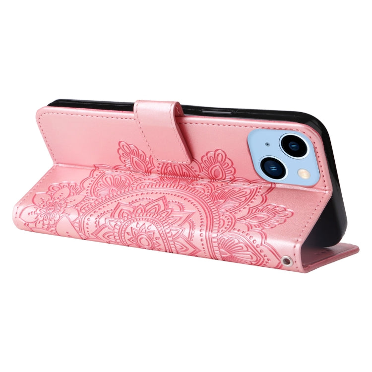 For iPhone 14 Plus 7-petal Flowers Embossing Leather Case