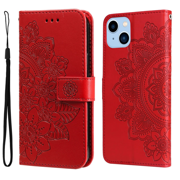 For iPhone 14 Plus 7-petal Flowers Embossing Leather Case