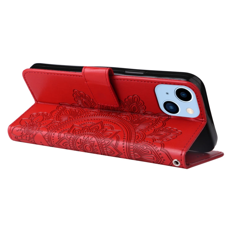 For iPhone 14 Plus 7-petal Flowers Embossing Leather Case