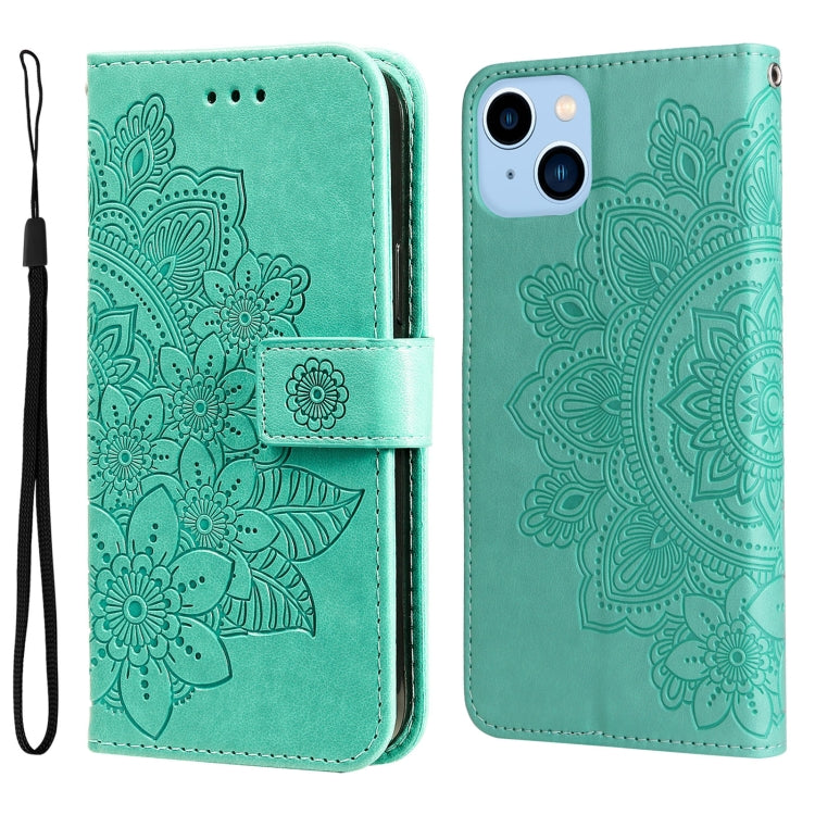 For iPhone 14 Plus 7-petal Flowers Embossing Leather Case