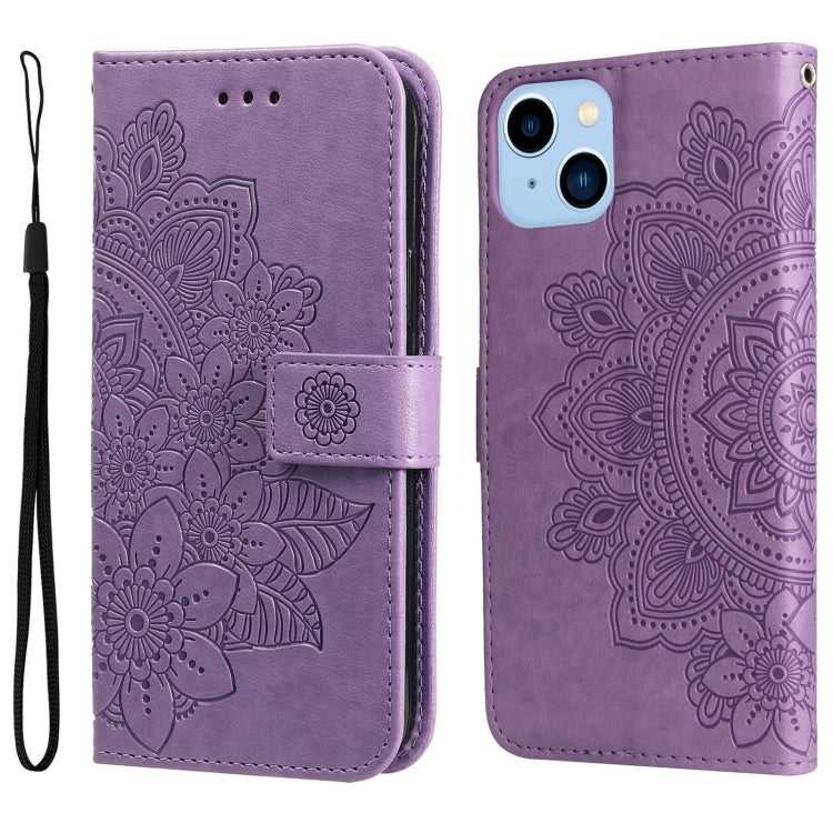 For iPhone 14 Plus 7-petal Flowers Embossing Leather Case