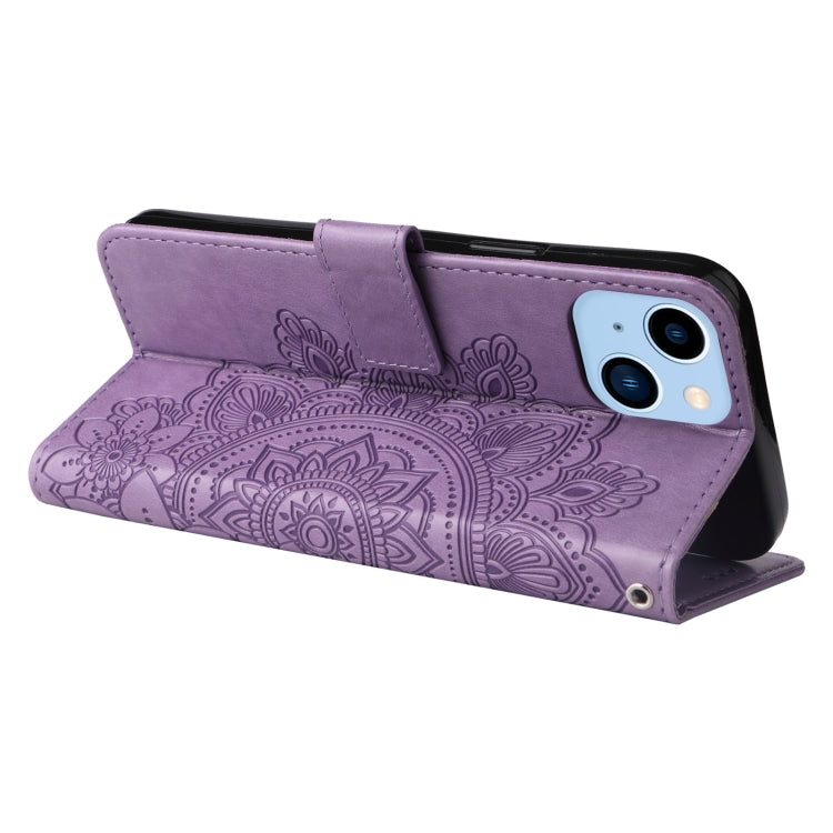 For iPhone 14 Plus 7-petal Flowers Embossing Leather Case