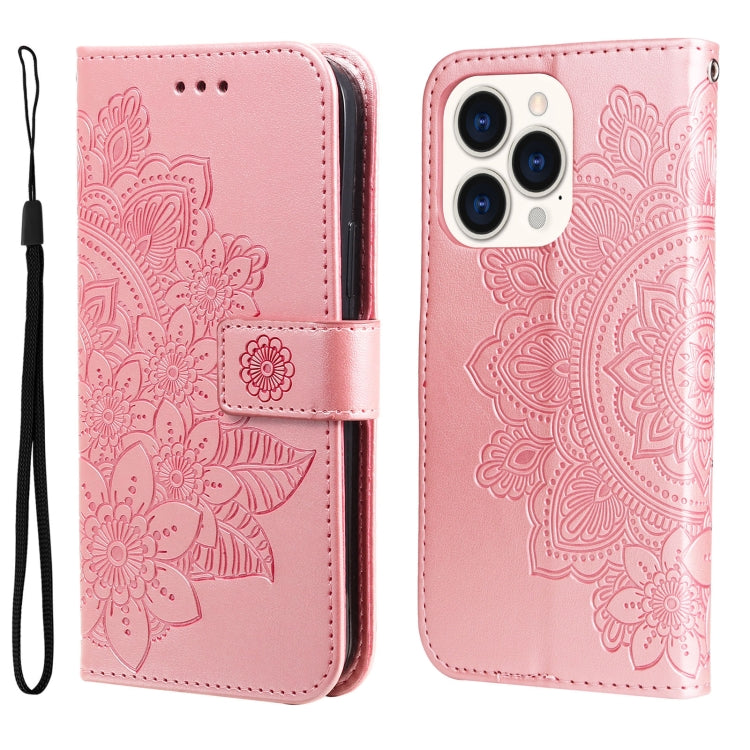 For iPhone 14 Pro 7-petal Flowers Embossing Leather Case