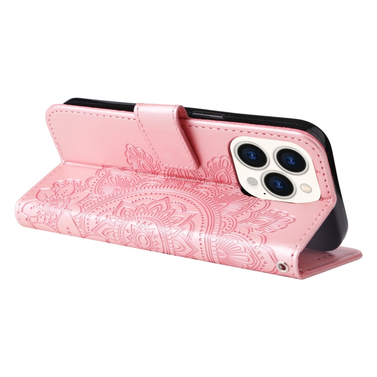 For iPhone 14 Pro 7-petal Flowers Embossing Leather Case