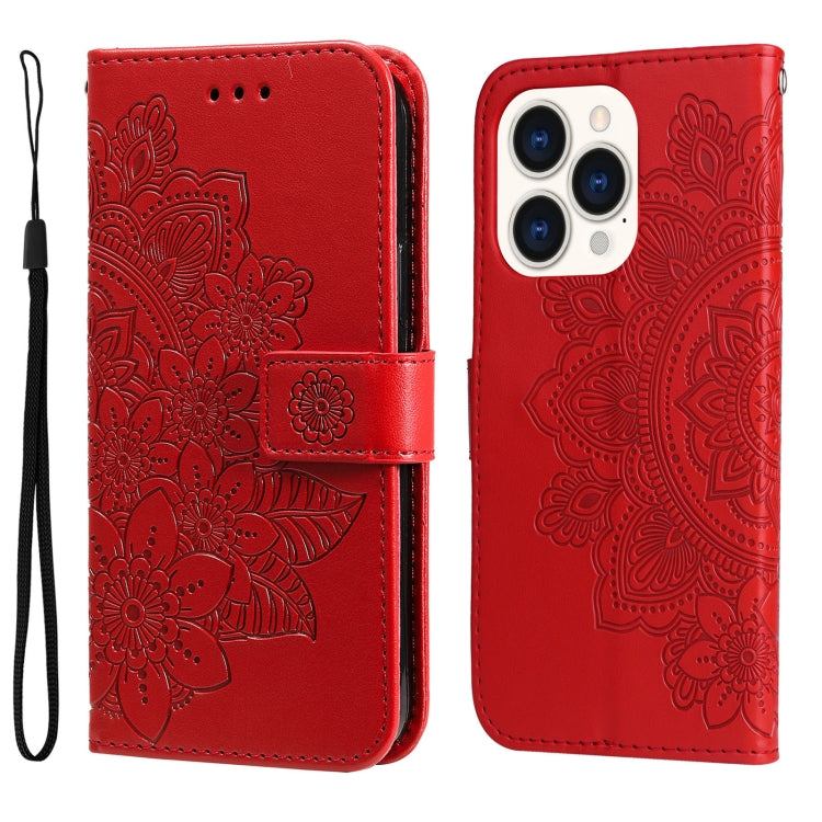 For iPhone 14 Pro 7-petal Flowers Embossing Leather Case
