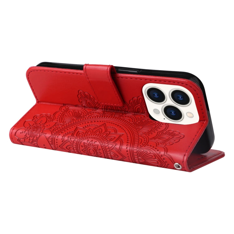 For iPhone 14 Pro 7-petal Flowers Embossing Leather Case