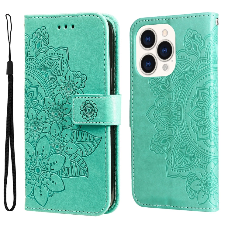 For iPhone 14 Pro 7-petal Flowers Embossing Leather Case