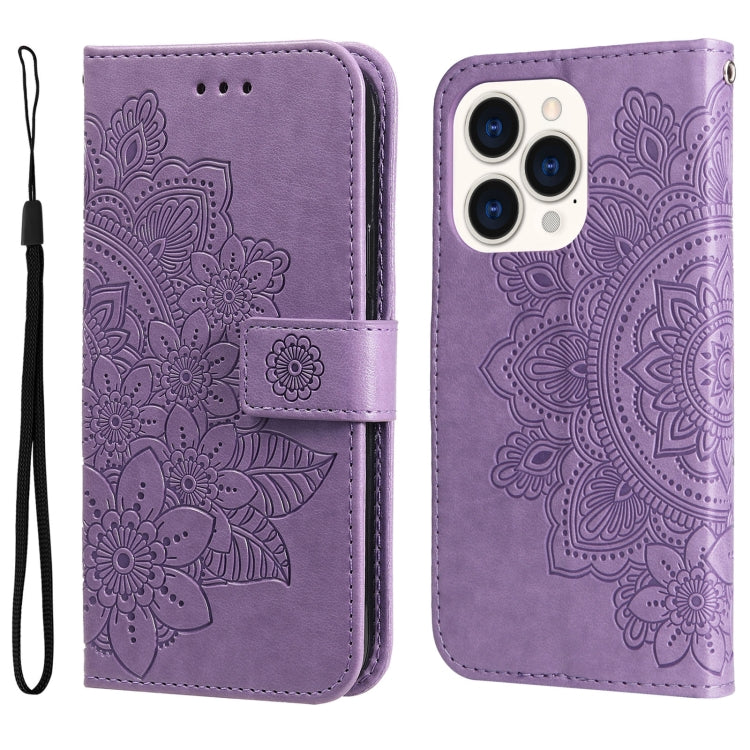 For iPhone 14 Pro 7-petal Flowers Embossing Leather Case