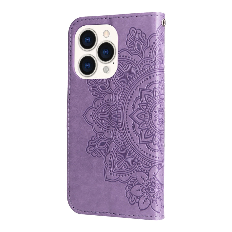 For iPhone 14 Pro 7-petal Flowers Embossing Leather Case