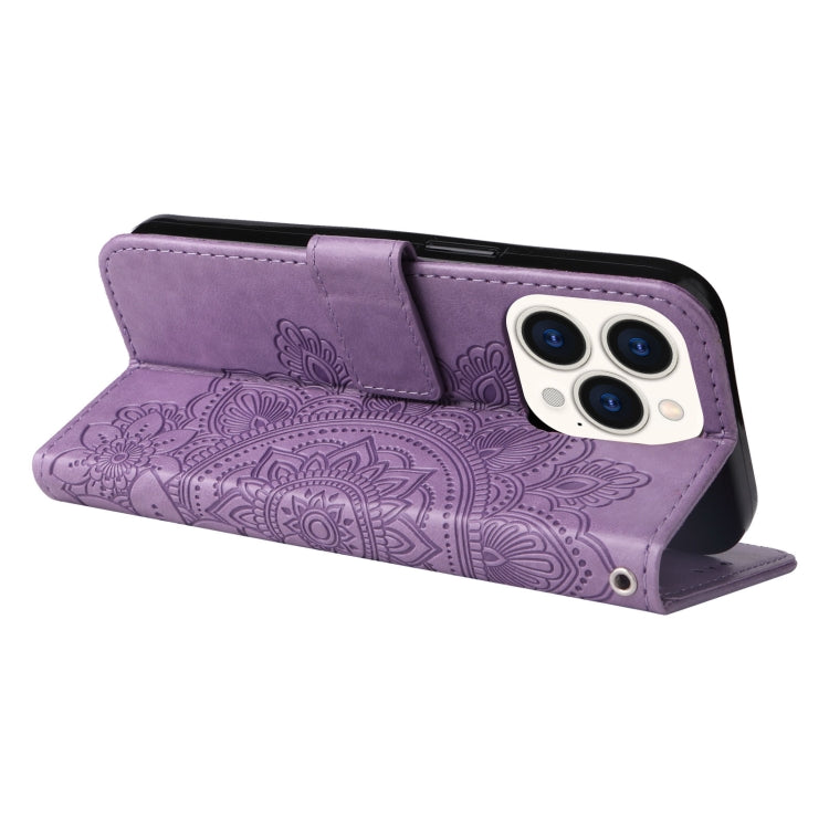 For iPhone 14 Pro 7-petal Flowers Embossing Leather Case