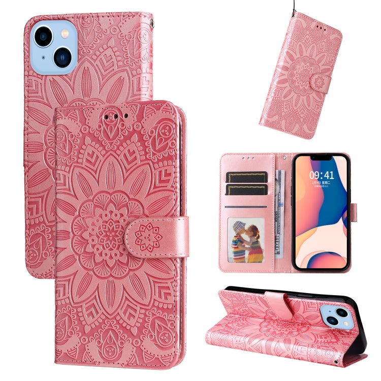 For iPhone 14 Plus Embossed Sunflower Leather Phone Case