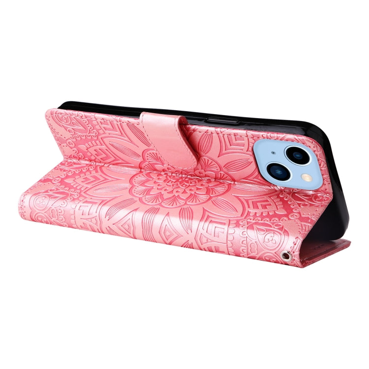 For iPhone 14 Plus Embossed Sunflower Leather Phone Case