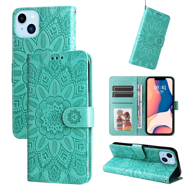 For iPhone 14 Plus Embossed Sunflower Leather Phone Case
