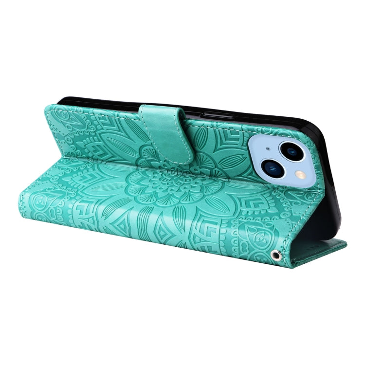 For iPhone 14 Plus Embossed Sunflower Leather Phone Case