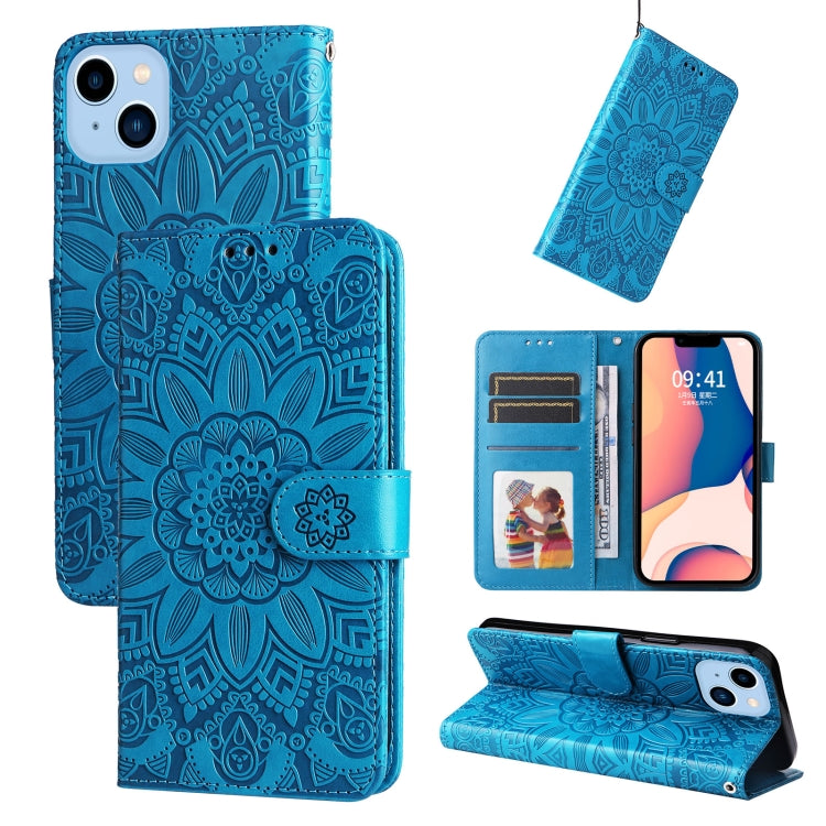 For iPhone 14 Plus Embossed Sunflower Leather Phone Case