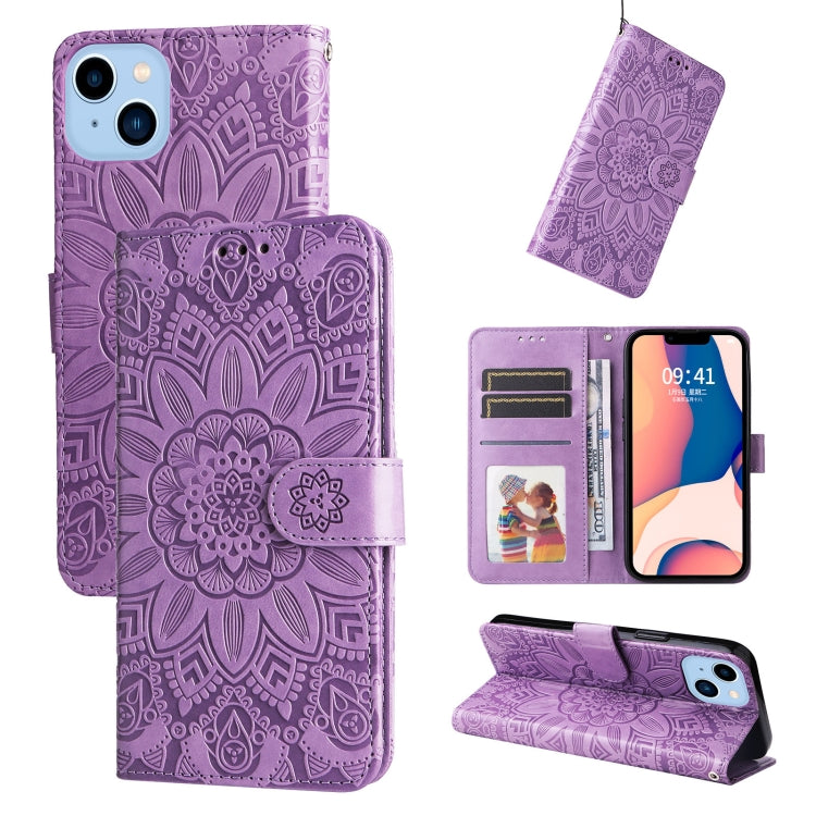 For iPhone 14 Plus Embossed Sunflower Leather Phone Case