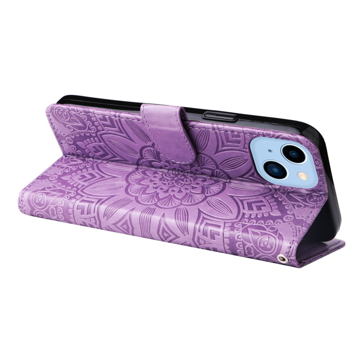 For iPhone 14 Plus Embossed Sunflower Leather Phone Case