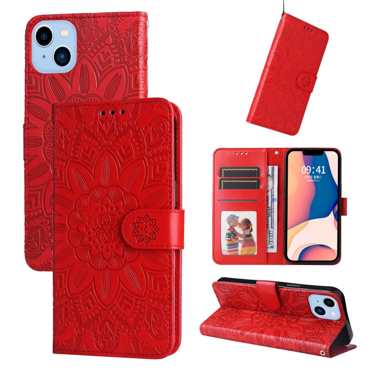 For iPhone 14 Plus Embossed Sunflower Leather Phone Case