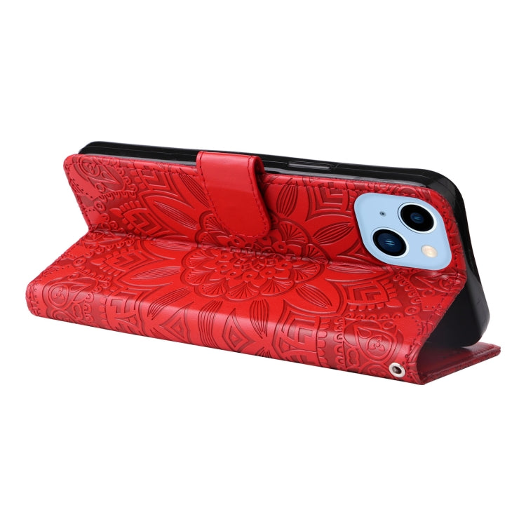 For iPhone 14 Plus Embossed Sunflower Leather Phone Case